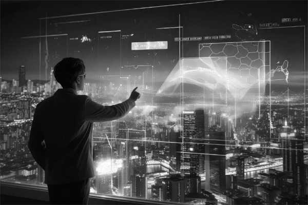 person-looking-out-over-city-touching-a-window-with-data